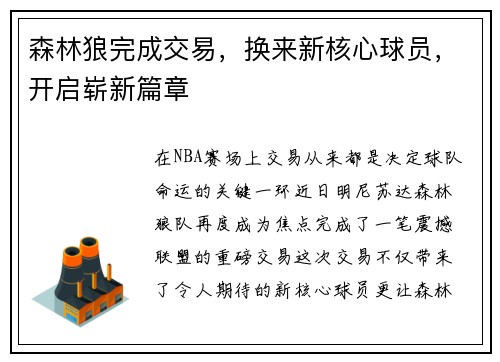 森林狼完成交易，换来新核心球员，开启崭新篇章